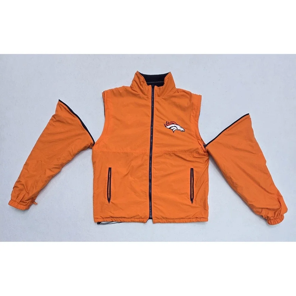 Denver Broncos Reversible Jacket Vest Zip Off Sleeves Navy Orange Mens XL